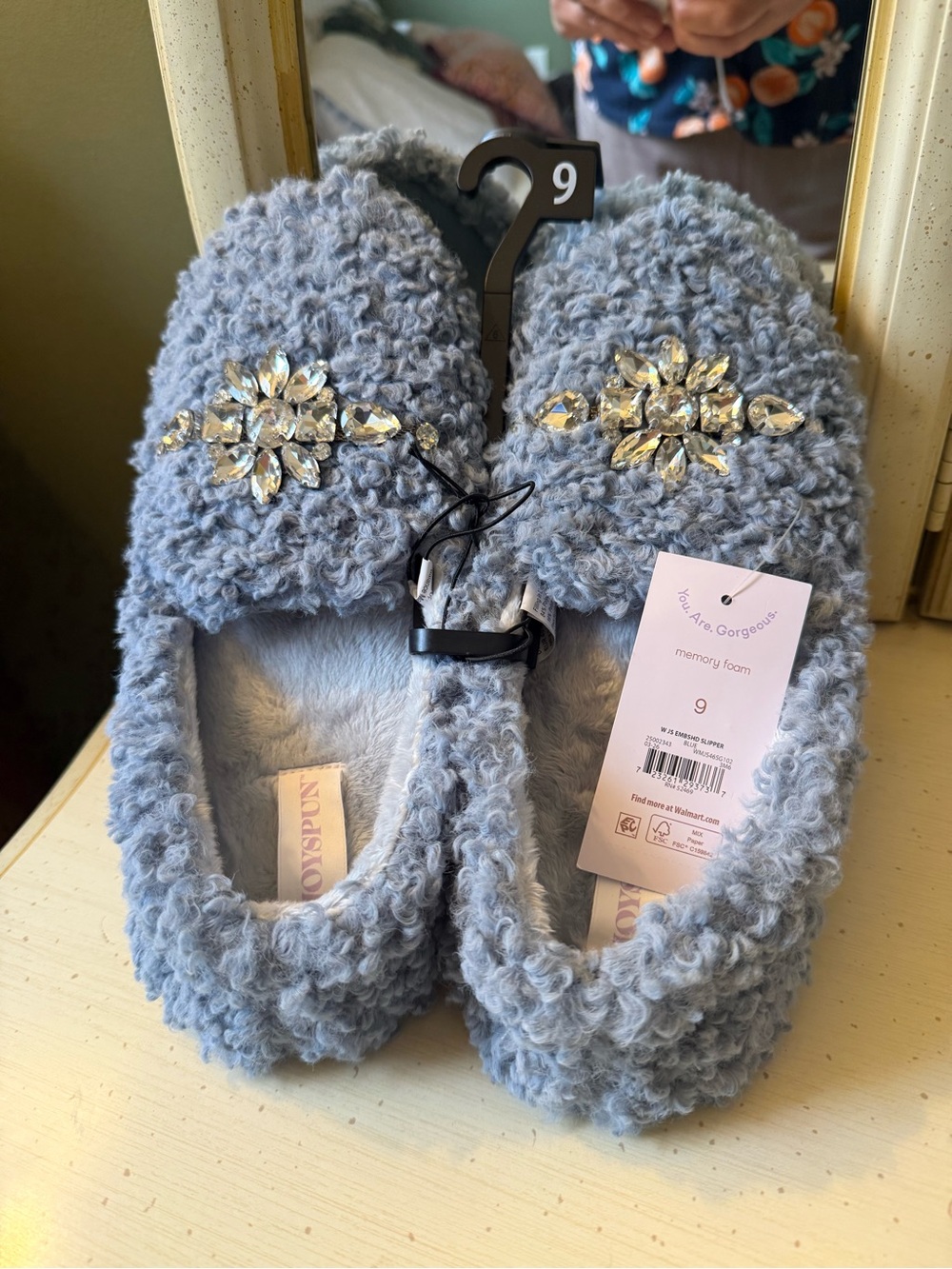 Cozy Embellished Plush Slippers in Light Blue - Memory Foam Comfort